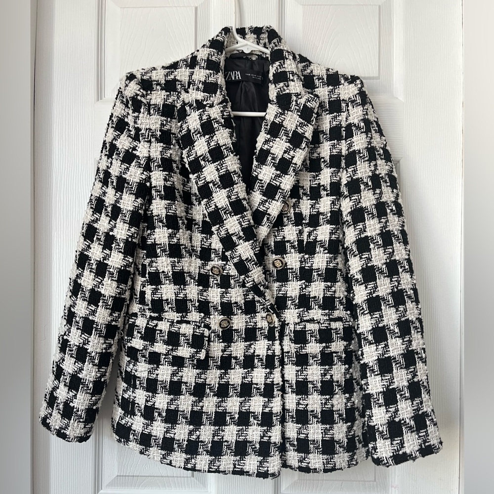 Zara Black White Houndstooth Tweed Blazer Extra Small